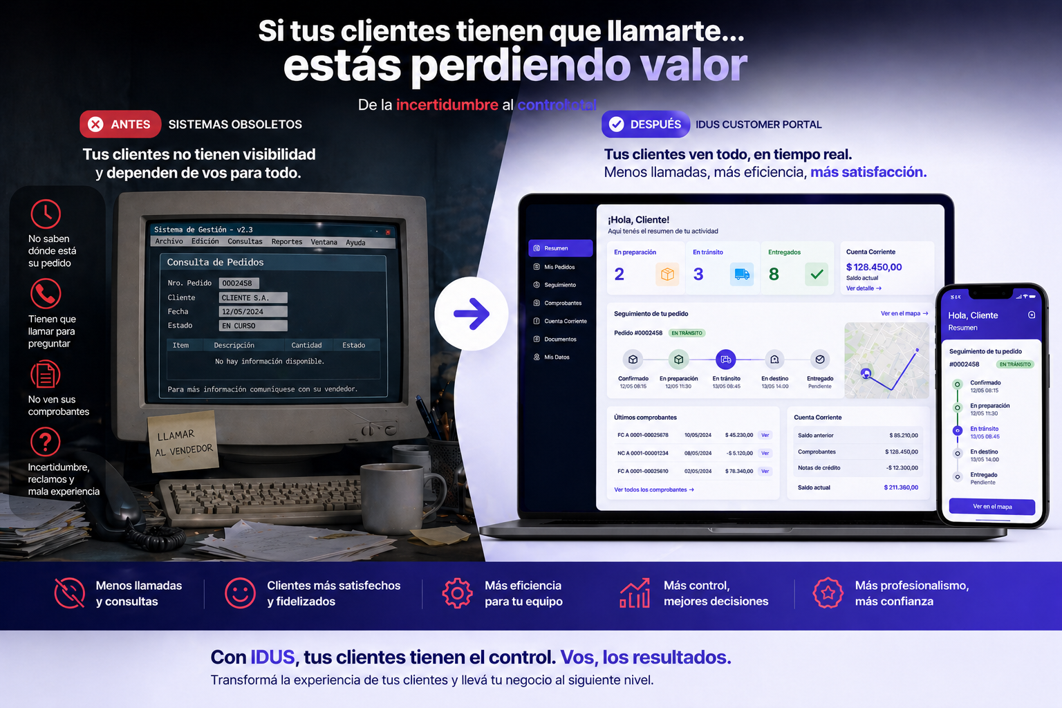 Comparativa visual de la propuesta Customer Portal de Idus